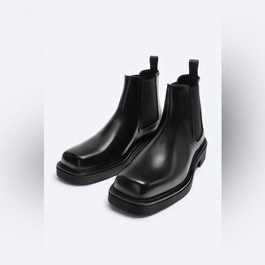 NWT Zara Men's Limited Edition Square Toe Leather Chelsea Boots in Black